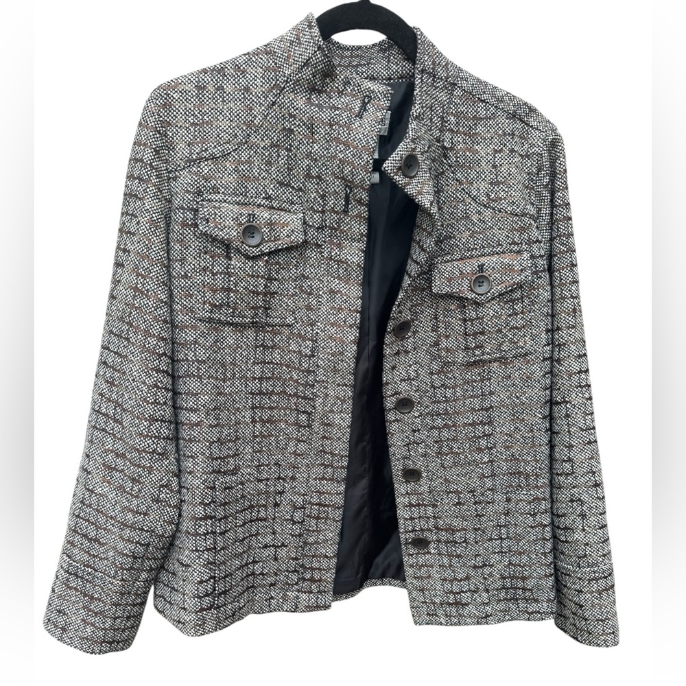 Chico’s‎ Women's Brown Tweed Plaid Button Front Band Collar Blazer Size 1 (S)